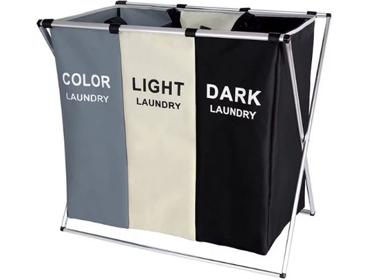 laundry basket 135L laundry cloth hamper sorter Basket Bin foldable 3 Sections with Aluminum frame 67cmx38cmx60cm Washing Storage Dirty Clothes Bag for Bathroom Bedroom Home (White+Grey+Black)